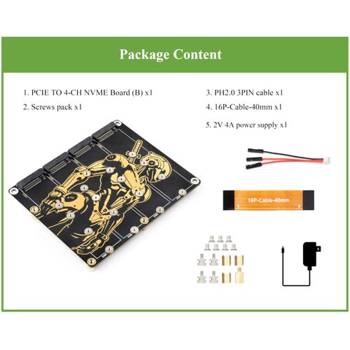PCIe to 4 Channel M.2 Adapter Board, Compatible with Raspberry Pi 5, for NVMe Protocol M.2 M Key Solid State Drives 2280/2260 / 2242/2230, Can Power RPi 5, Comes with 12V 4A Power Supply