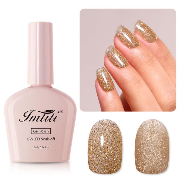 Imtiti Glitter Gel Polish, Champagne Gold Glitter Gel Polish Soak Off LED UV Shimmer Sparkle Nail Gel Polish DIY Nail Art Starter Manicure Salon Gel Nail Polish Kit 10ML