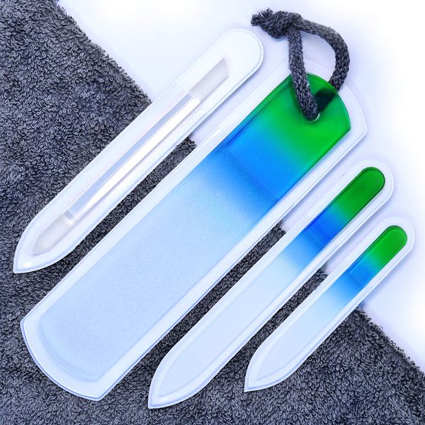 Genuine Czech Glass Nail File Set - Two-Sided Different Grit Surface, Callus Remover Foot Rasp, Precision Filing Cuticle Pusher, Manicure & Pedicure, Professional Nail Care, EU Quality (Green Aqua)