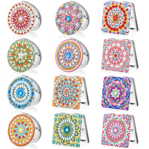 Kigley 12 Pcs Mandala Makeup Diamond Painting Mirror DIY Pocket Mirror Compact Diamond Art Kits for Adults Portable Crystal Magnifying Folding Purse Mirror for Beginners Women Man Crafts