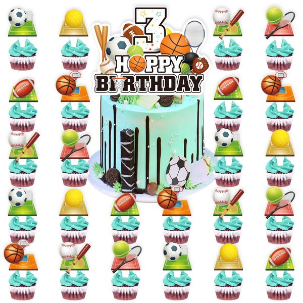 25pcs Sports 3rd Birthday Party Supplies, Football Basketball Football volleyball Cupcake Toppers Decoration, Sports Ball Game Theme Happy Birthday Cupcake Toppers Men Boys Decorations (3rd)