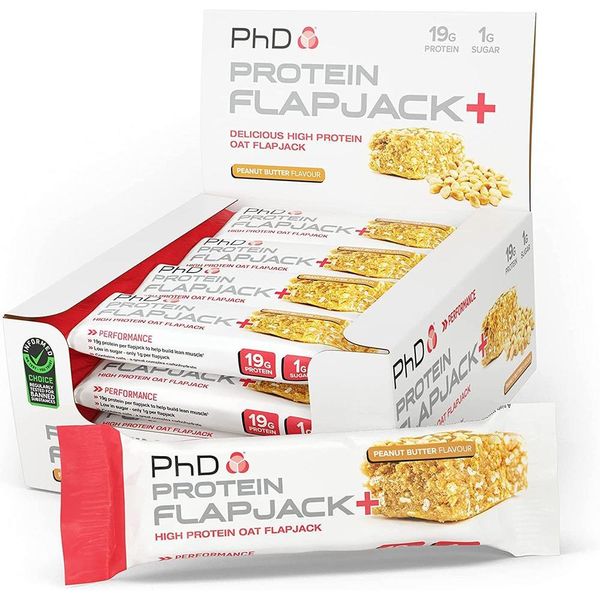 PhD Protein Flapjack+ High Protein Low Sugar Rolled Oat Protein Snack Complex Carbs & Vitamin E Protein 19g 270 Cal Peanut Butter 12 Bars, Quantity, See Details