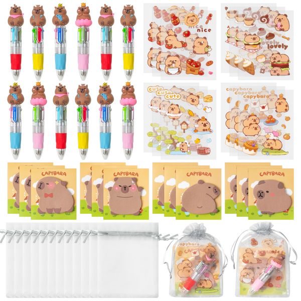 CY2SIDE Capybara Stationery Party Gift - 36PCS Capybara Stationery Gifts Set Include 4-in-1 Ballpoint Pens Sticky Notes Stickers and Organza Capybara Party Favors Goodie Bag Fillers for School Rewards