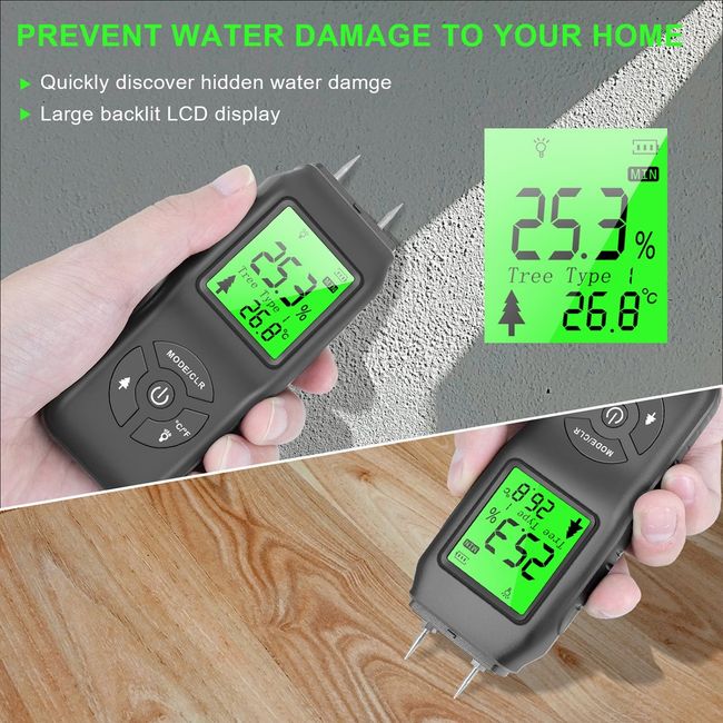 Digital Wood Moisture Meter Wood Humidity Tester Hygrometer Timber Damp Detector Large LCD Display (Grey)