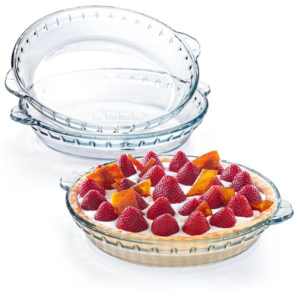 Kingrol 3 Pack Glass Pie Plates with Handles, 9 Inches Baking Dishes, Clear Glass Serving Plates for Snacks, Salads, Desserts