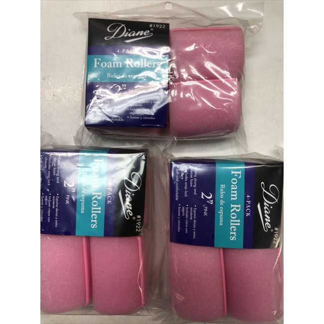 LOT OF 3 Packs DIANE PINK FOAM HAIR ROLLERS Size 2 Inch (4 Pack) #1922