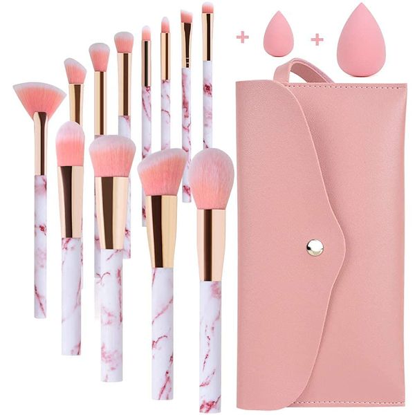 Make up Pinsel Set Start Makers 12 Stück Rosa Marmor Pinselset Makeup mit Concealer Foundation Lidschatten Beauty Blender und Tasche