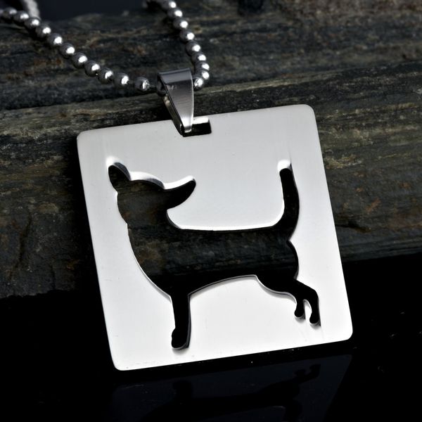 Stainless Steel Square Shaped Chihuahua Silhouette Dog Silhouette Pet Dog Tag Breed Collar Charm Pendant Necklace