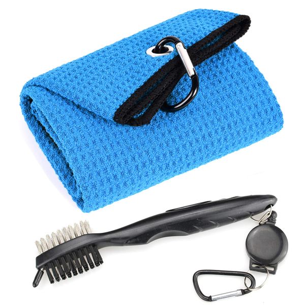 Mile High Life Microfiber Waffle Pattern Tri-fold Golf Towel | Brush Tool Kit with Club Groove Cleaner, Retractable Extension Cord and Clip (Blue Towel+Black Brush)