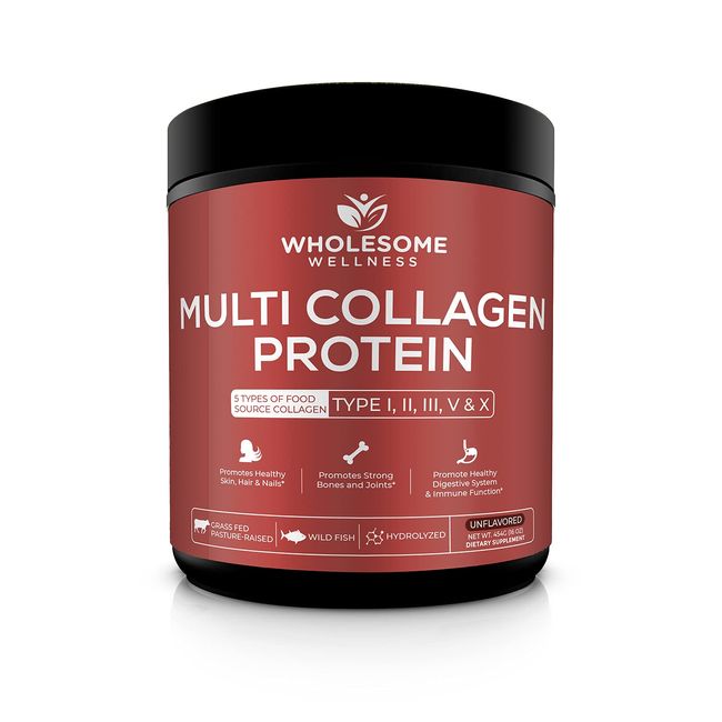 Wholesome Wellness Multi Collagen Protein Powder Hydrolyzed (Type I II III V X) Grass-Fed All-in-One Super Bone Broth + Collagen Peptides - Premium Beef, Chicken, Wild Fish, Eggshell Collagen