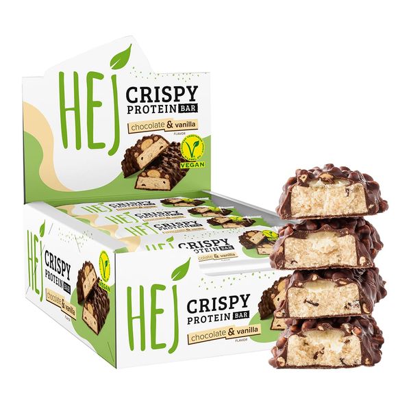 HEJ Vegan Crispy Chocolate & Vanilla | High Protein Riegel, zuckerarm nur 0,4 g Zucker | schokoladiger, knuspriger Eiweißriegel, palmölfrei, Low Sugar Snack Bar | 12 Proteinriegel x 45 g