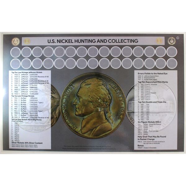 U.S. Nickel Hunting and Collecting 11" x 17" Coin Roll Sorting Laminated Mat