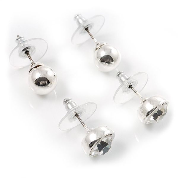Silver Tone Clear Stud Earring Set - 2 Pairs of Studs