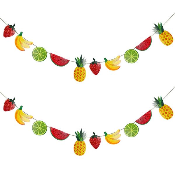 2Pcs Summer Fruits Banner Watermelon Banana Kiwi Pineapple Garland Paper Pull Flag Summer Tropical Tutti Bunting Banner for Birthday Summer Luau Hawaii Decor