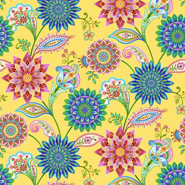 Caravan Yellow Floral Medallion Vines 12 Inch repeat Studio E  BTY 44" Wide