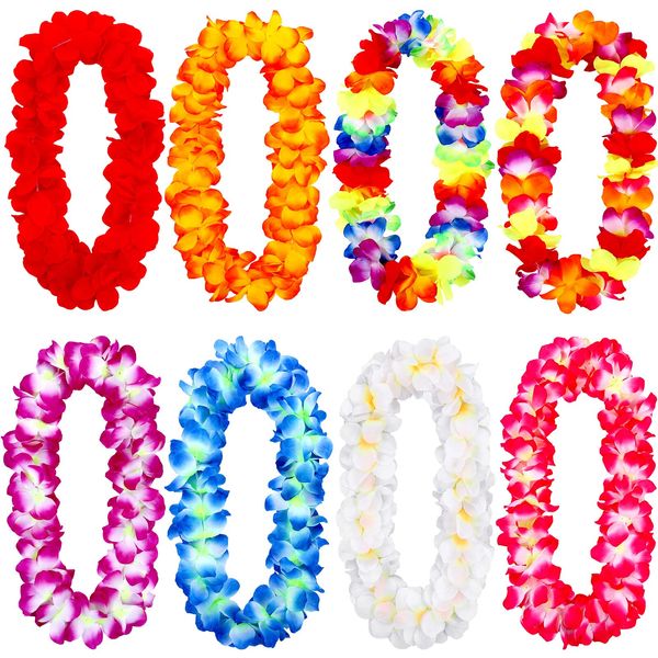 Elcoho 8 Pieces Thickened Hawaiian Leis Necklace Hawaiian Floral Leis Bulk Hawaiian Garland Luau Party Supplies and Summer Party Decorations