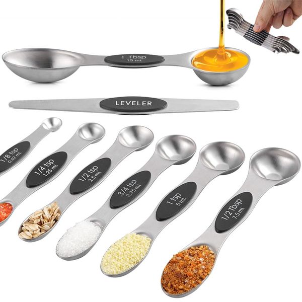 Magnetic Measuring Spoons Set of 8, TKNO Dual Sided Stainless Steel Stackable Teaspoon Tablespoon with Scale and Leveler, Fits in Spice Jars for Measuring Dry and Liquid Ingredients