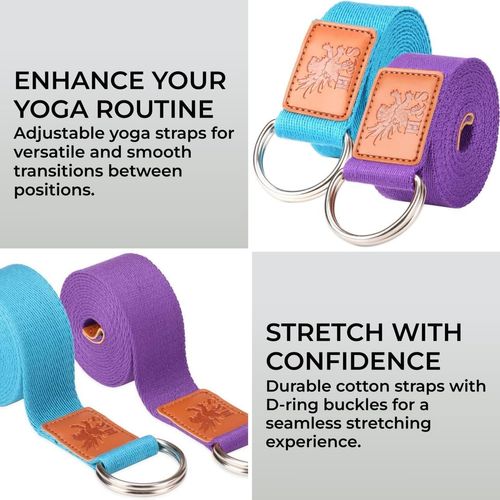 H&S Yoga Strap with Loops - Set of 2 - 1.85 & 2.45 m Long Adjustable Cotton Band - Yoga Accessories for Home & Travel - Fitness Yoga Strap, Blue and Purple