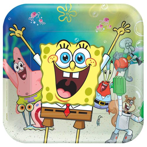 Amscan Square Plates (Pack of 8) - 9" - Colorful Paper Party Plates - Perfect for Themed Birthdays and Celebrations, SpongeBob