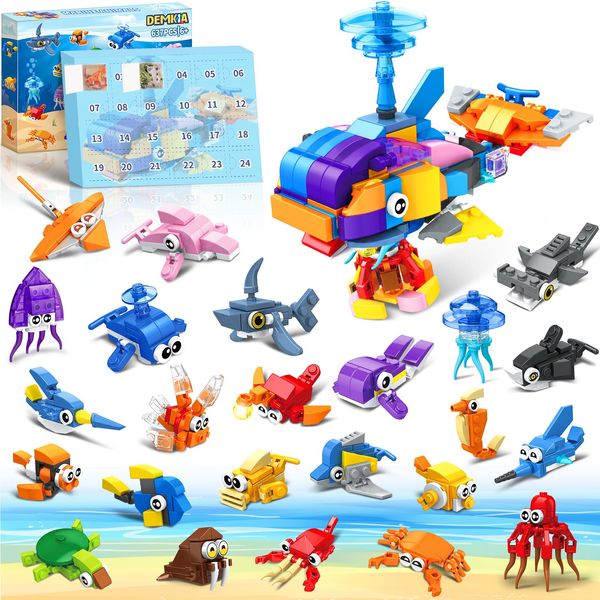 Demkia Kids Advent Calendar 2024, 24 Days Christmas Countdown Calendar, 637 PCS Marine Animals Mini Building Block Set, Party Favor Toys Birthday Xmas for Boys Girls Ages 6-12