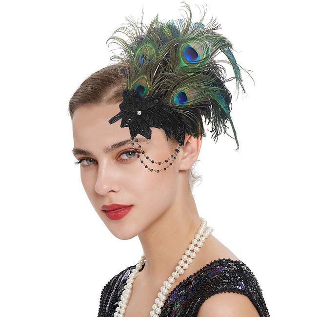 Z&X Peacock Feather Fascinator Hair Clip 1920s Flapper Headpiece Roaring 20s Accessories for Women Halloween Green