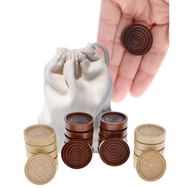 WE Games Wooden Checkers Pieces Only (1.06 inch), Checker Board Game & Backgammon Pieces, 24 Brown and Natural Stained Stackable Ridges with a Drawstring Storage Bag, Replacement Game Piece