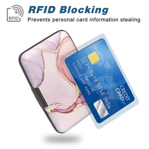 Atufsuat Credit Card Holder, Mini Aluminum Wallet RFID Blocking Slim Metal Hard Case for Women Men, Pink Marble