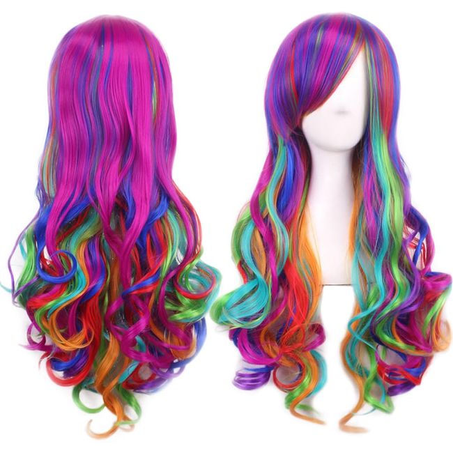 Ateid Women Girls Wig Long Hair Rainbow Multicolour Curly Wavy + Wig Cap