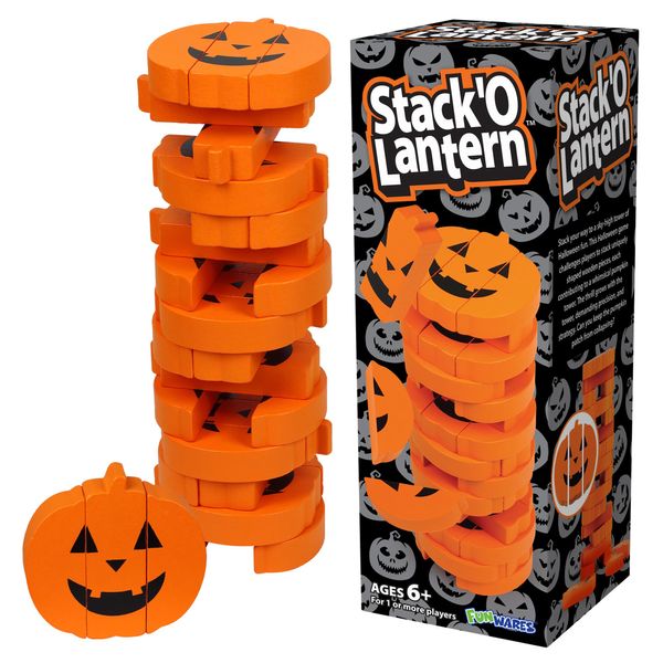 Funwares Wooden Blocks Stacking Game, Tumbling Tower and Balance Game, Family & Party Fun, Game for Kids and Adults, Ages 6+, Stack 'O Lantern, The Halloween Pumpkin-Themed Wood Blocks Stacking Game