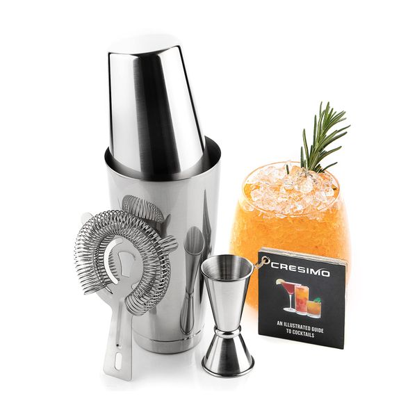 Boston Cocktail Shaker Set: 4pc Cocktail Making Set w/Cocktail Book, Stainless Steel Cocktail Set w/ 530mL Unweighted & 850mL Weighted Boston Shaker, Jigger & Cocktail Strainer for Home Bar - Cresimo