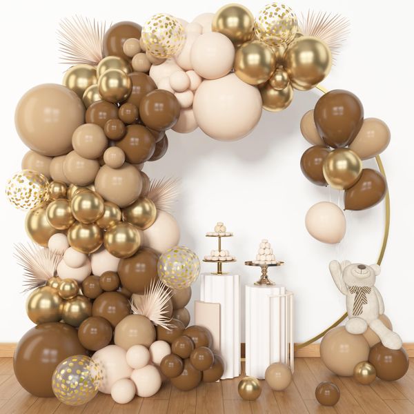 Amandir 153pcs Brown Balloon Garland Arch Kit, Different Sizes 18 12 10 5 inch Brown Nude Latex Metallic Confetti Gold Balloons for Neutral Bear Baby Shower Safari Birthday Party Decorations Supplies