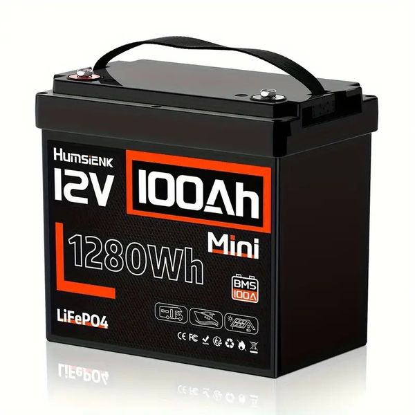 Humsienk 12V 100Ah Mini LiFePO4 Lithium Battery BMS Deep Cycle For RV Golf Carts