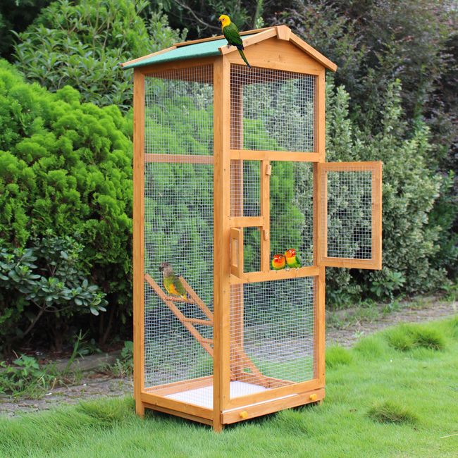Wooden Large Bird Cage 65" Pet Play Covered House Ladder Feeder Stand Outdoor