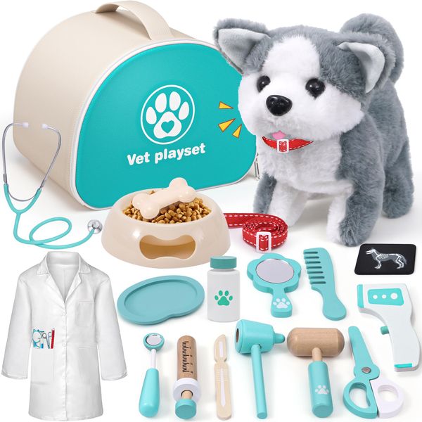 Lorfancy 27 Pcs Kids Doctor Kit Dog Toys Toddlers Wooden Veterinarian Playset Walking Barking Electronic Stuffed Dog Vet Costume Puppy Pet Pretend Play Gifts for Girls Boys 3 4 5 6+ Year Old, Blue