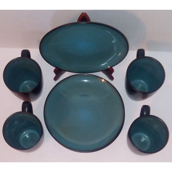 Gibson SOHO Lounge Set Of 8~Salad Plates/Coffee Mugs Deep Ocean Blue Dish Set