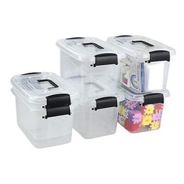 5 L Clear Small Plastic Storage Box, Latch Storage Bin, 6 Packs Clear and Black