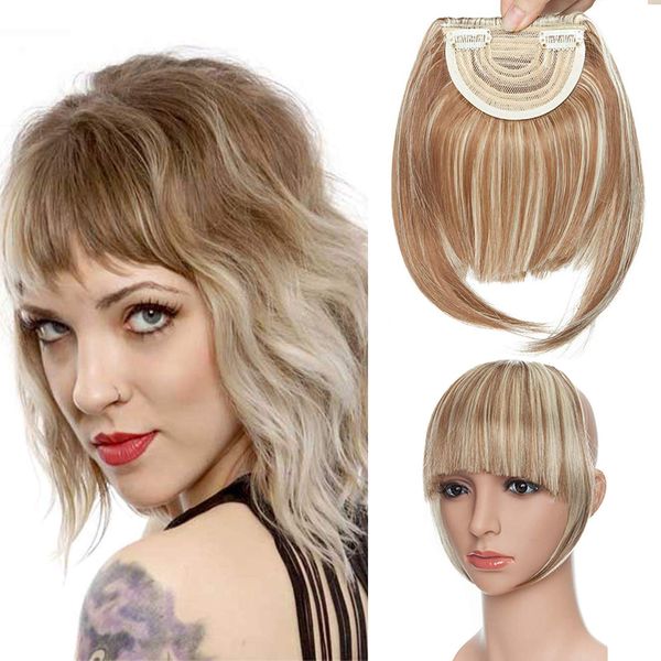 Flat Clip In On Bangs Fringe Hair Extension One Piece Synthetic With Temples Fringe Hairpiece Hair Accessories For Womens, Light Brown & Bleach Blonde