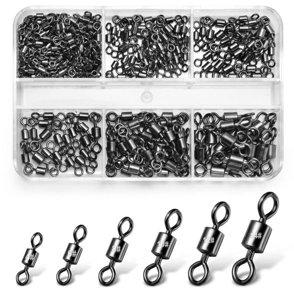 Annyswit 200/300 Pcs Barrel Fishing Swivels 4# 6# 8# 10# 12# 14# Rolling Fishing Connector Swivel for Carp Fishing Swivels for Sea&Competitive&Lure Fishing Avoid Fishing Line Entanglement