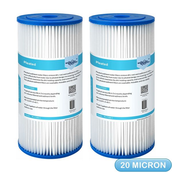 2 Pack 20 Micron 10" x 4.5" Washable Pleated Sediment Water Filter Replacement