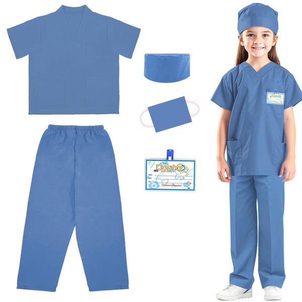 RioRand Doctor Costume for Kids,Toddler Nurse Scrubs Career Day Costume Halloween Dress Up Cosplay For Boys Girls 3-11 Years (Blue, XL-140/Height52.3-55.9'')