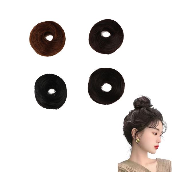 4Pcs Straight Hair Bun Chignon Synthetic Hair Elastic Rubber Band, Heat Resistant Fiber Straight Bun Hair Scrunchies Short Ponytail Bun Hair Extensions for Women