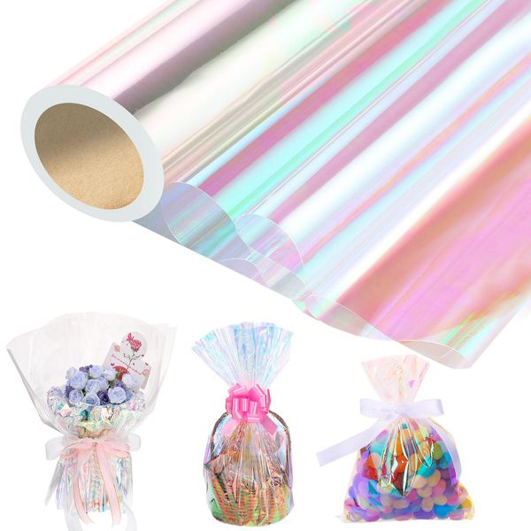 woric 82 Ft X 17 In Cellophane Wrap for Gift Baskets Iridescent Cellophane Wrap Roll Gift Basket Wrapping Plastic for Treats Birthday Graduation Gifts DIY Crafts