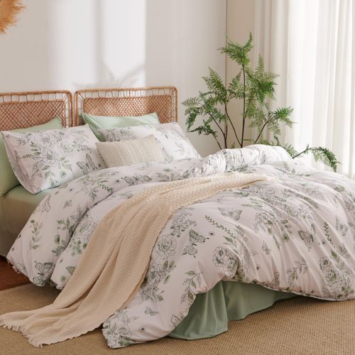 Sedefen Floral Duvet Cover Queen Size Green Flower Butterfly Bedding Set 3Pcs Romantic Spring Garden Aesthetic Botanical Reversible Cooling Comforter Cover with Zipper Closure & Corner Ties