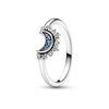 Pandora Moments Sterling Silver Celestial Moon Ring with Midnight Blue Crystal and Clear Cubic Zirconia, 50, Metal, Cubic Zirconia