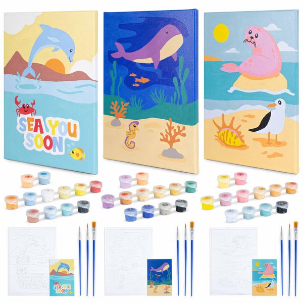 BONNYCO Paint by Numbers Kit for Kids Sea Animals Pack 3 Canvas Paint by Number Canvas, Ocean Gifts for Kids, Arts and Crafts, Kids Paint by Number, Kits Pre Drawn Canvas for Painting for Kids