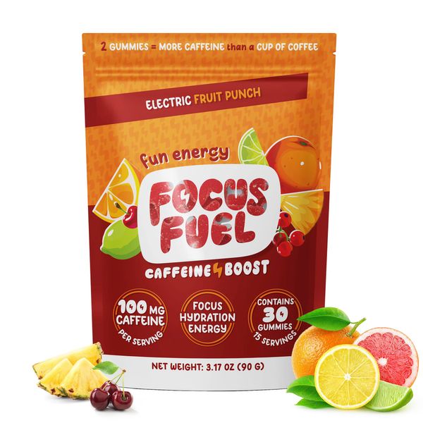 FocusFuel Energy + Focus Gummy, 100mg Caffeine per 2 Gummies, includes B12, Magnesium, Electrolytes, All-Natural Ingredients for On-The-Go, No Jitters or Crash (Fruit Punch Flavor - 30 Chews, 3.17oz)