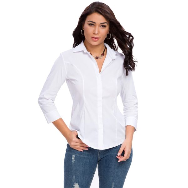 Womens Button Down Shirts Official Formal 3/4 Sleeve White Stretch Blouse Summer Dress Shirt