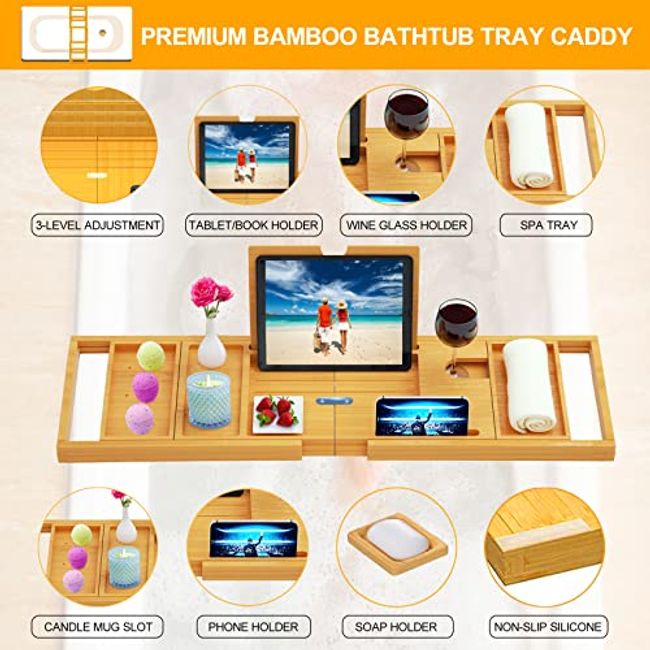 Bamfan Bath Caddy Tray for Bathtub - Bamboo Adjustable Organizer Tray for Bathroom with Free Soap Dish Suitable for Luxury Spa or