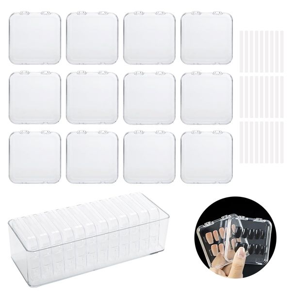 LUCKJUJU 12 Pcs Press On Nail Storage Box Container False Nail Organizer Acrylic Display Case Packaging Box with Adhesive Double Sided Tape for Nail Art (Not Included Press On Nail)