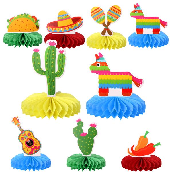 8 PCS Mexican Fiesta Honeycomb Table Centerpiece Cactus Donkey Maraca Sombrero Guitar Table Toppers Centerpieces Decro for Mexican Fiesta Theme Baby Shower Birthday Party Table Decorations Supplies